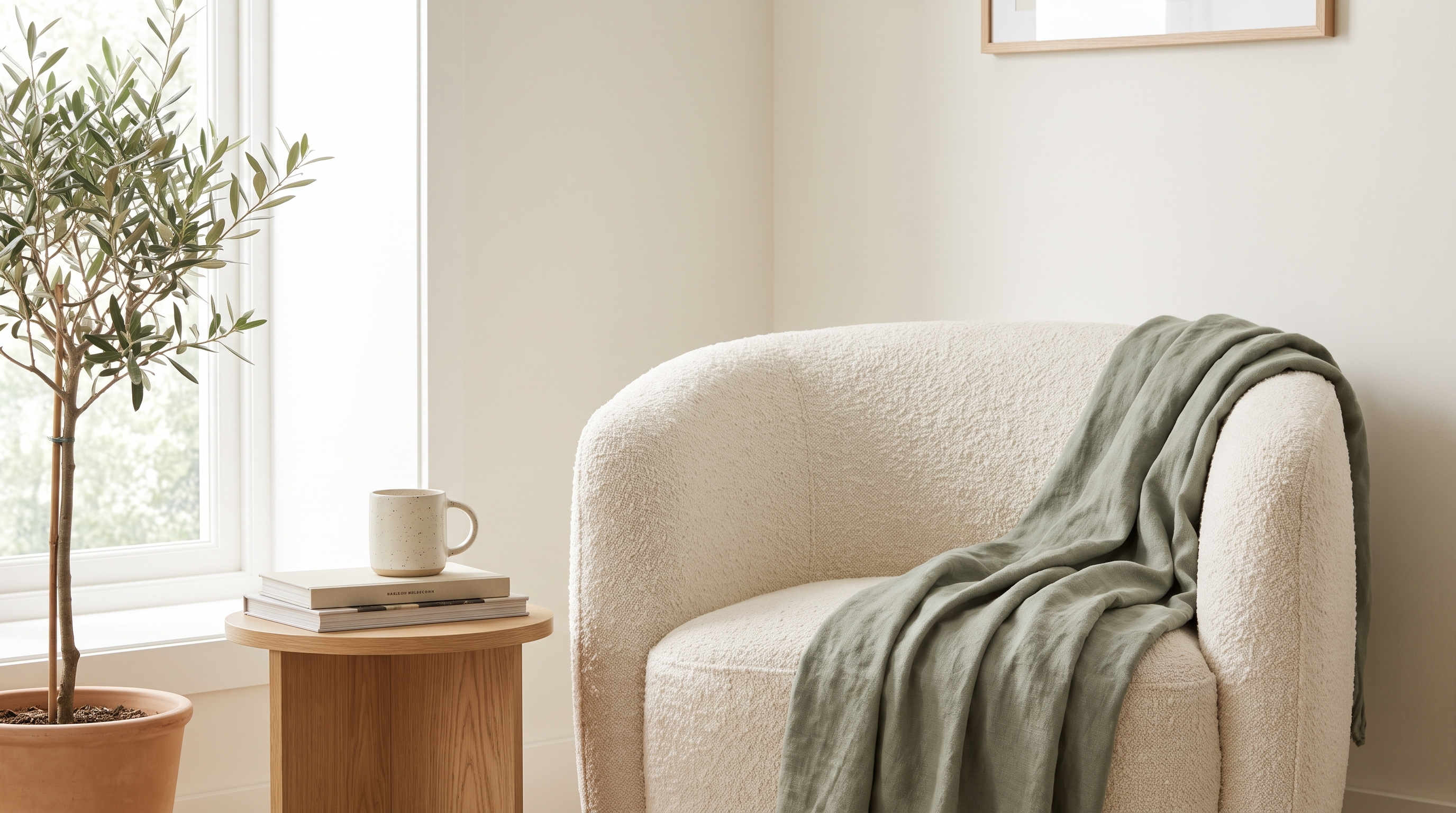 Cozy sage green and warm white living room corner