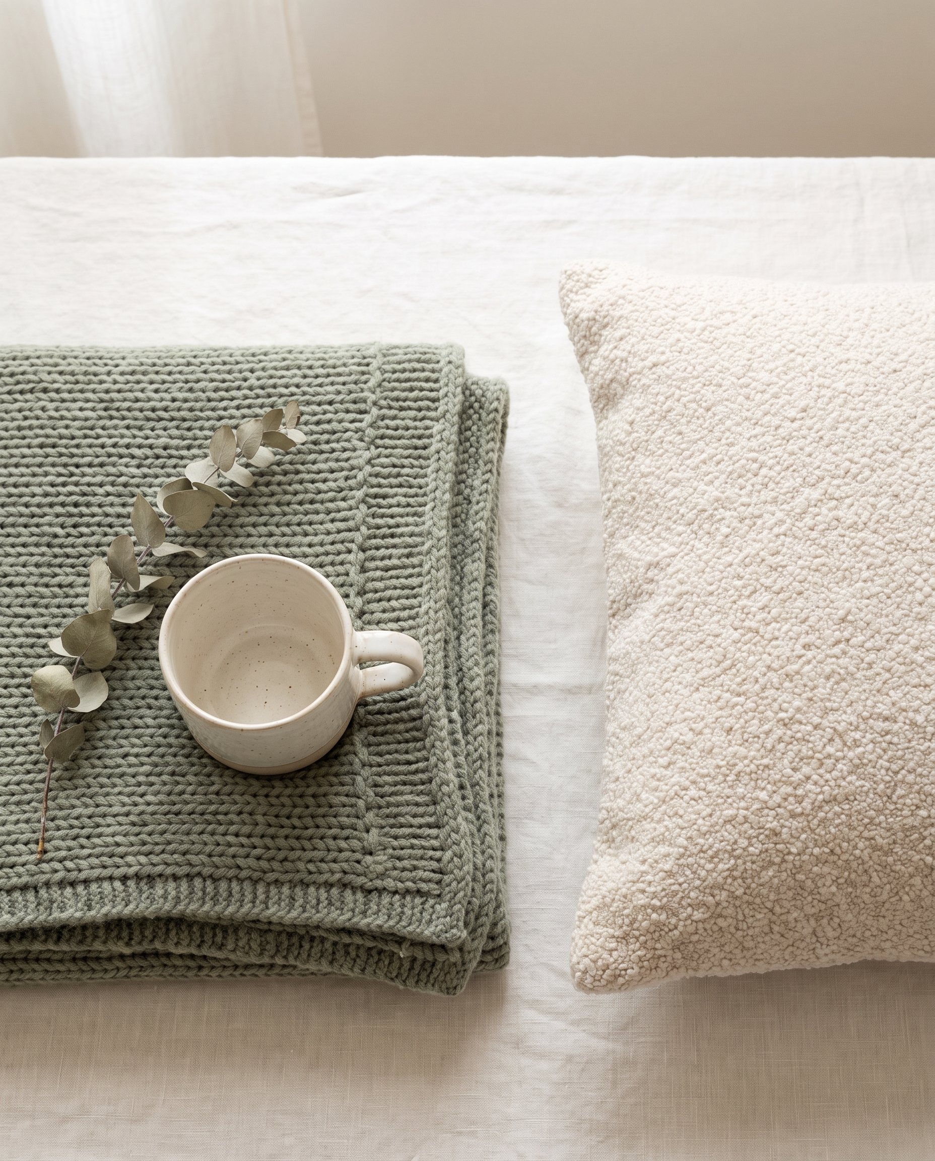 Sage green knit blanket, cream mug and cream pillow